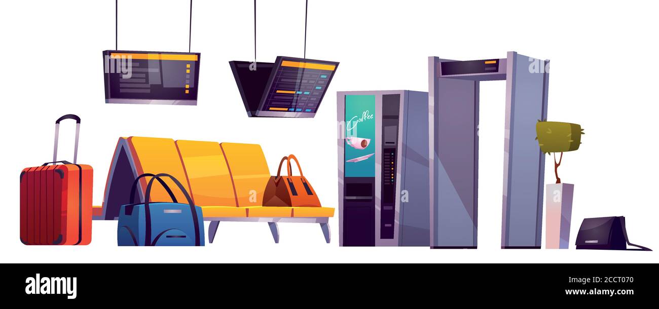 Waiting room in airport terminal with chairs, luggage, security scanner