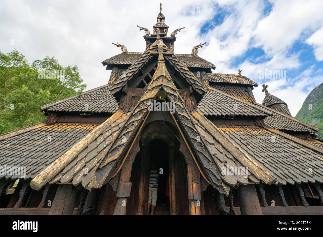 Fantastical roof structure of Borgund stave church at the head of Laerdale in Vestland central Norway built entirely of wood in the 12th century Stock Photo