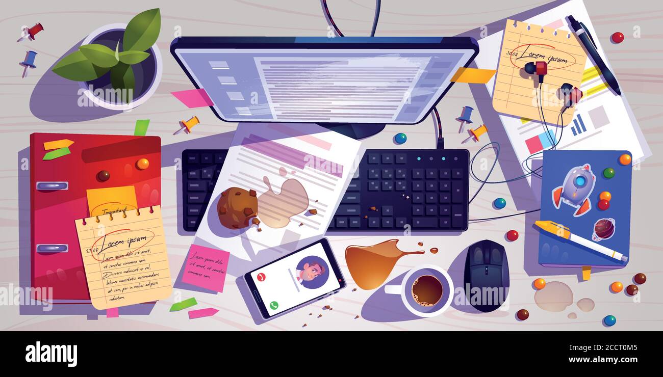 Messy workplace top view, clutter office desk, work space with mess spilled  coffee, crumbled muffin and document around laptop. Mobile headset and task  list with candies, Cartoon vector illustration Stock Vector Image