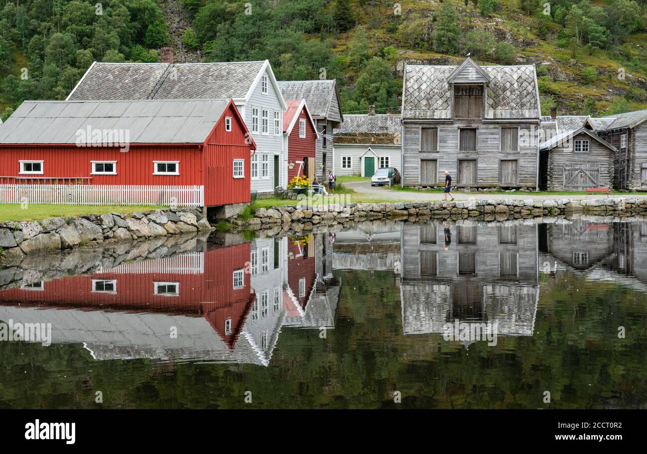 Historic harbourside buildings at Laerdalsoyri at the head of Laerdal Fjord in central Norway Stock Photo