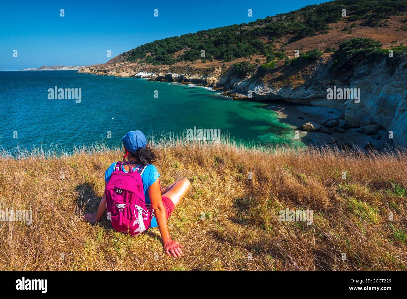 Hiker at Black Rock Point, Santa Rosa Island, Channel Islands National Park, California USA Stock Photo