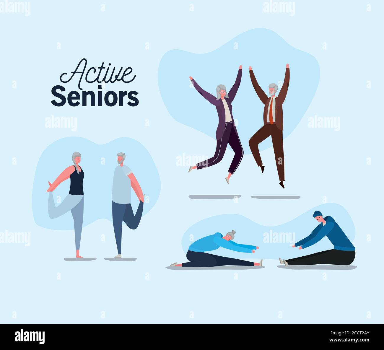 Set of active seniors woman and man cartoons jumping and doing yoga design, Activity theme Vector illustration Stock Vector