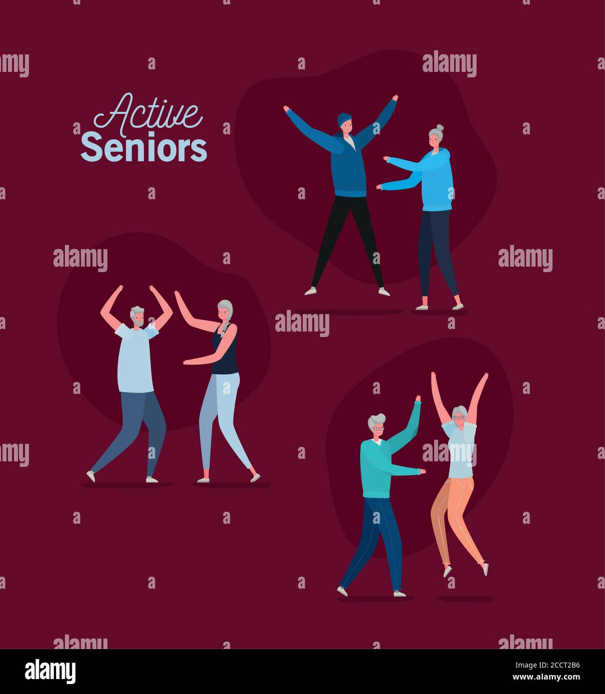 Set of active seniors woman and man cartoons on red background design, Activity theme Vector illustration Stock Vector
