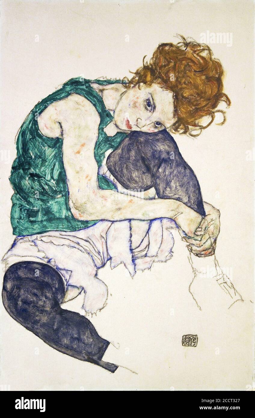 Seated Woman with Legs Drawn up by Egon Schiele (1890-1918), gouache on paper, 1917 Stock Photo