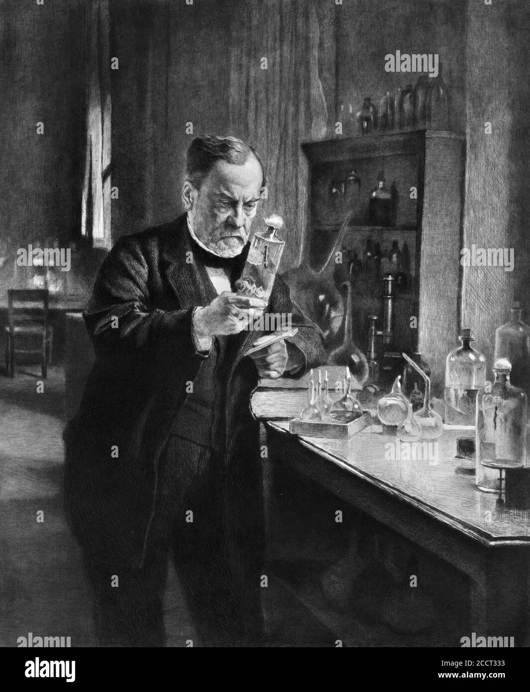 Portrait of Louis Pasteur (1822-1895). Pasteur was a French biologist, microbiologist, and chemist renowned for his discoveries of the principles of vaccination, microbial fermentation and pasteurisation. Etching by Flameny from an artwork by Edelfeldt, 1892 Stock Photo