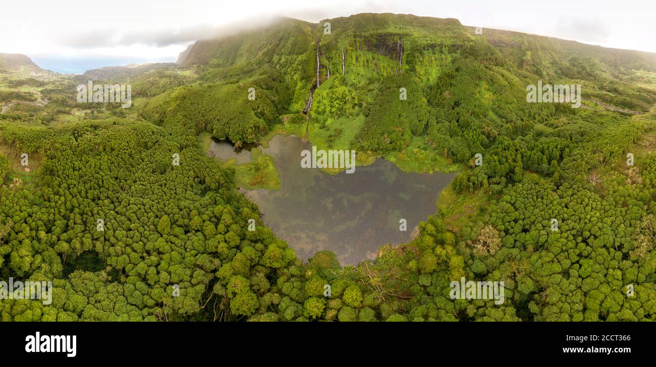 Panaromic view of warefalls and the lake in Poço da Alagoinha, Flores island, Azores, Portugal Stock Photo