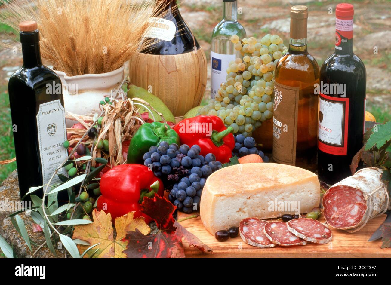Wine grapes and foods of Chianti region of Tuscany in Italy Stock Photo