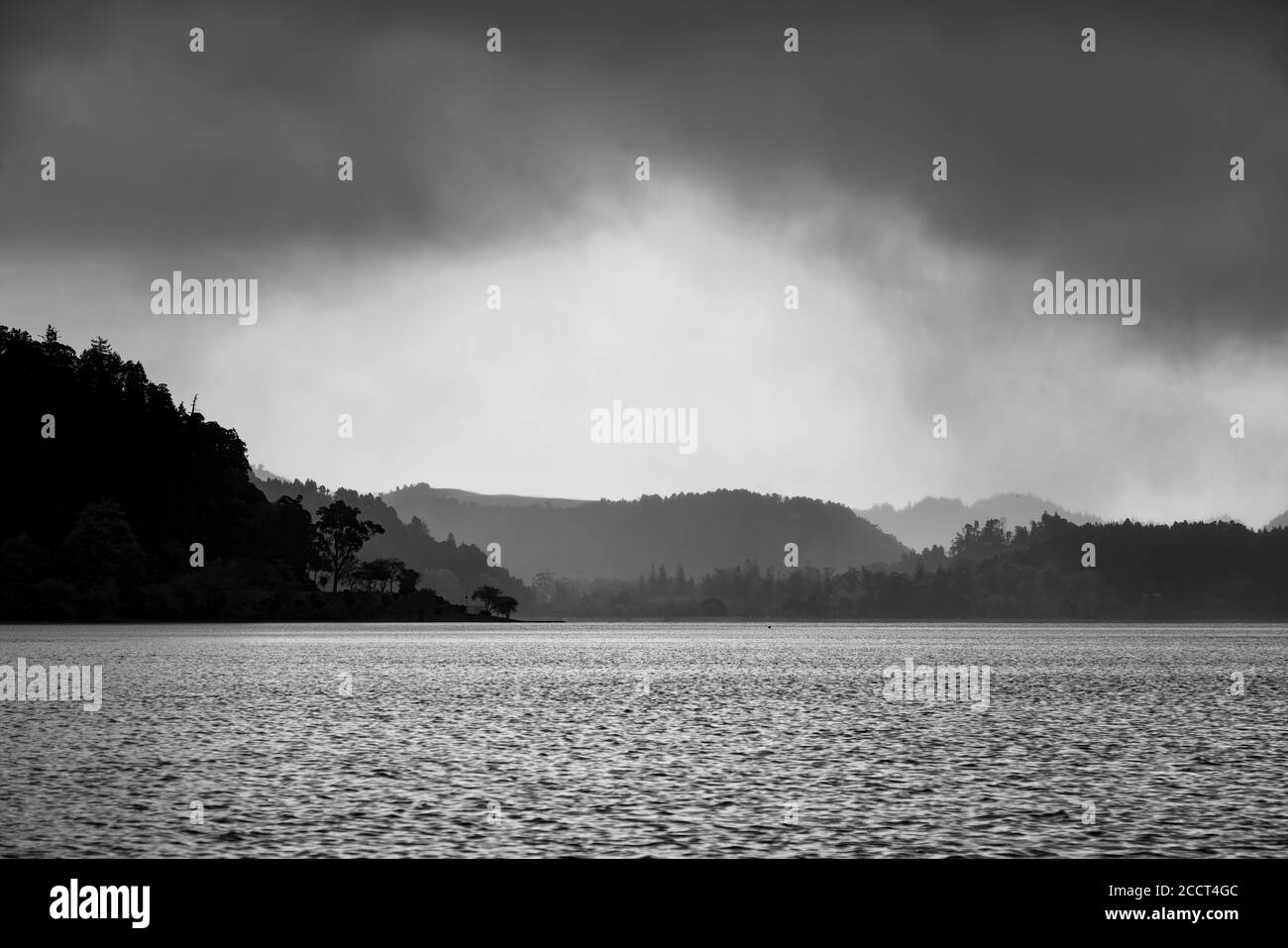 A black and white view of a foggy day over the Furnas lake,Sao Miguel, Azores Stock Photo