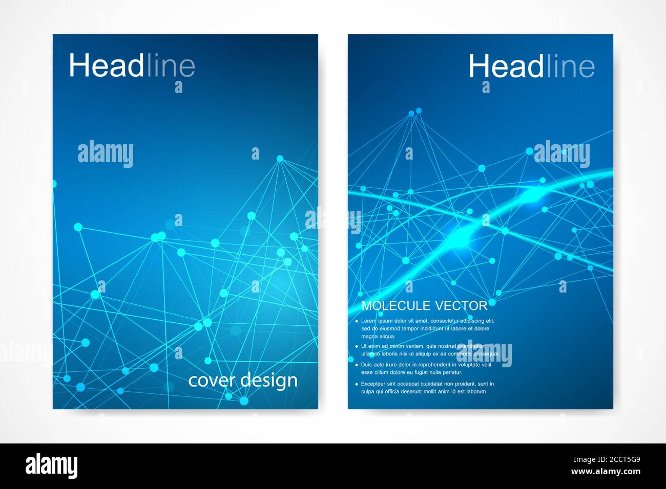 Scientific brochure design template. Vector flyer layout, Molecular structure with connected lines and dots. Scientific pattern atom DNA with elements Stock Vector