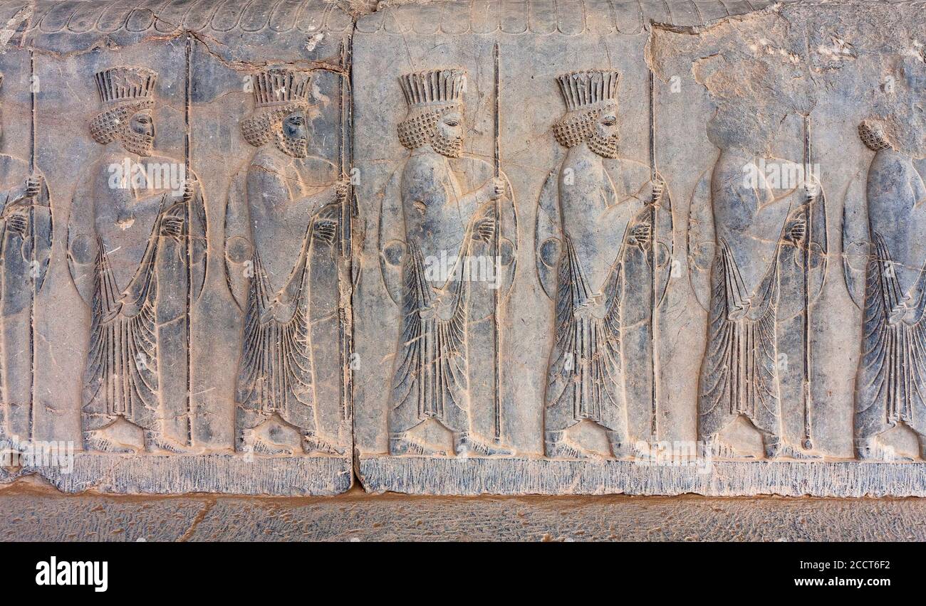 Achaemenid Persian Soldiers on the wall, Persepolis , Iran Stock Photo ...