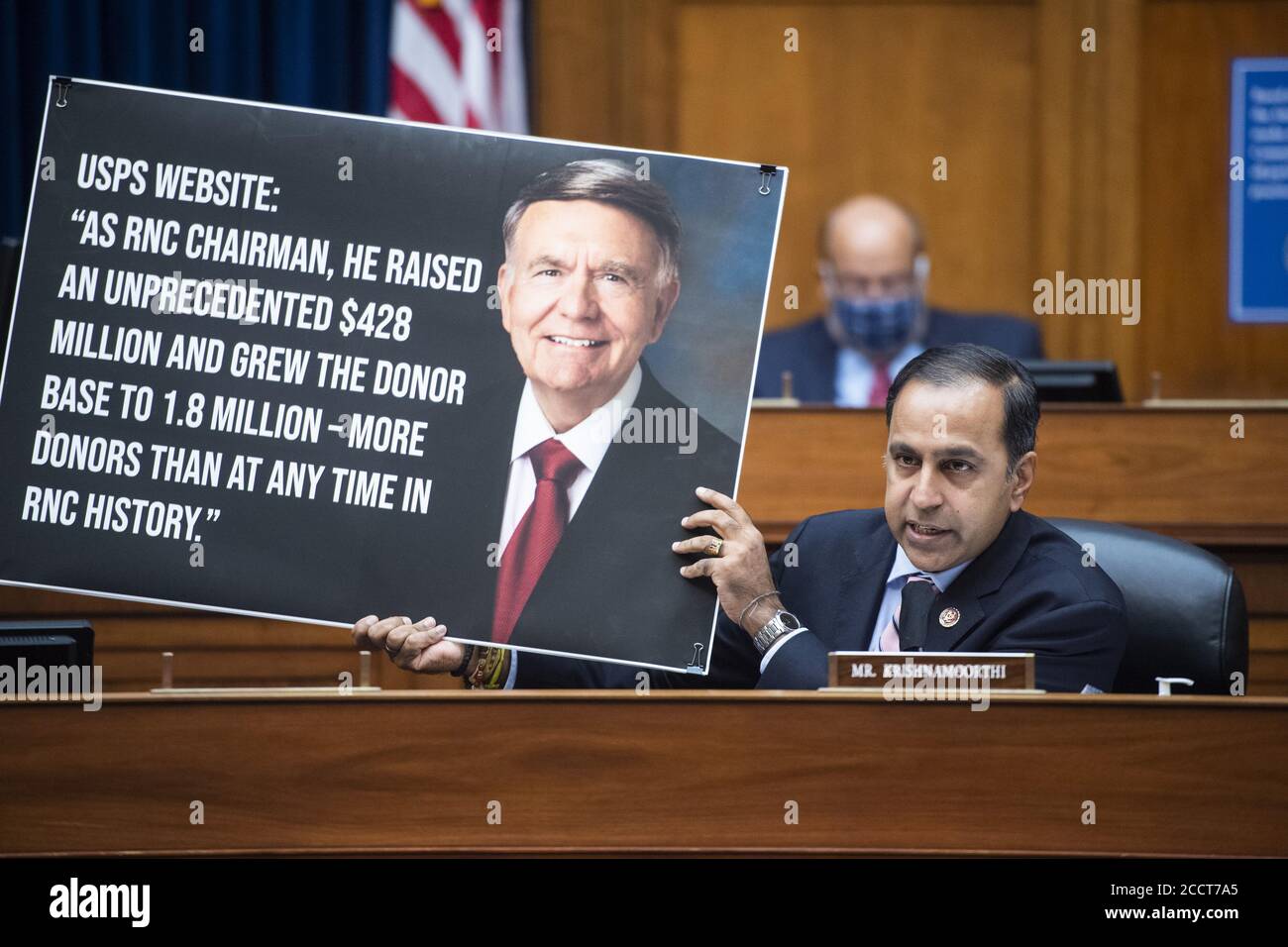Washington, United States. 24th Aug, 2020. Rep. Raja Krishnamoorthi, D-Ill., holds a picture referencing Robert Duncan .chairman, USPS Service Board of Governors, during the House Oversight and Reform Committee hearing on slowdowns at the Postal Service ahead of the November elections on Capitol Hill in Washington, DC on Monday, August 24, 2020. Pool Photo by Tom Williams/UPI Credit: UPI/Alamy Live News Stock Photo