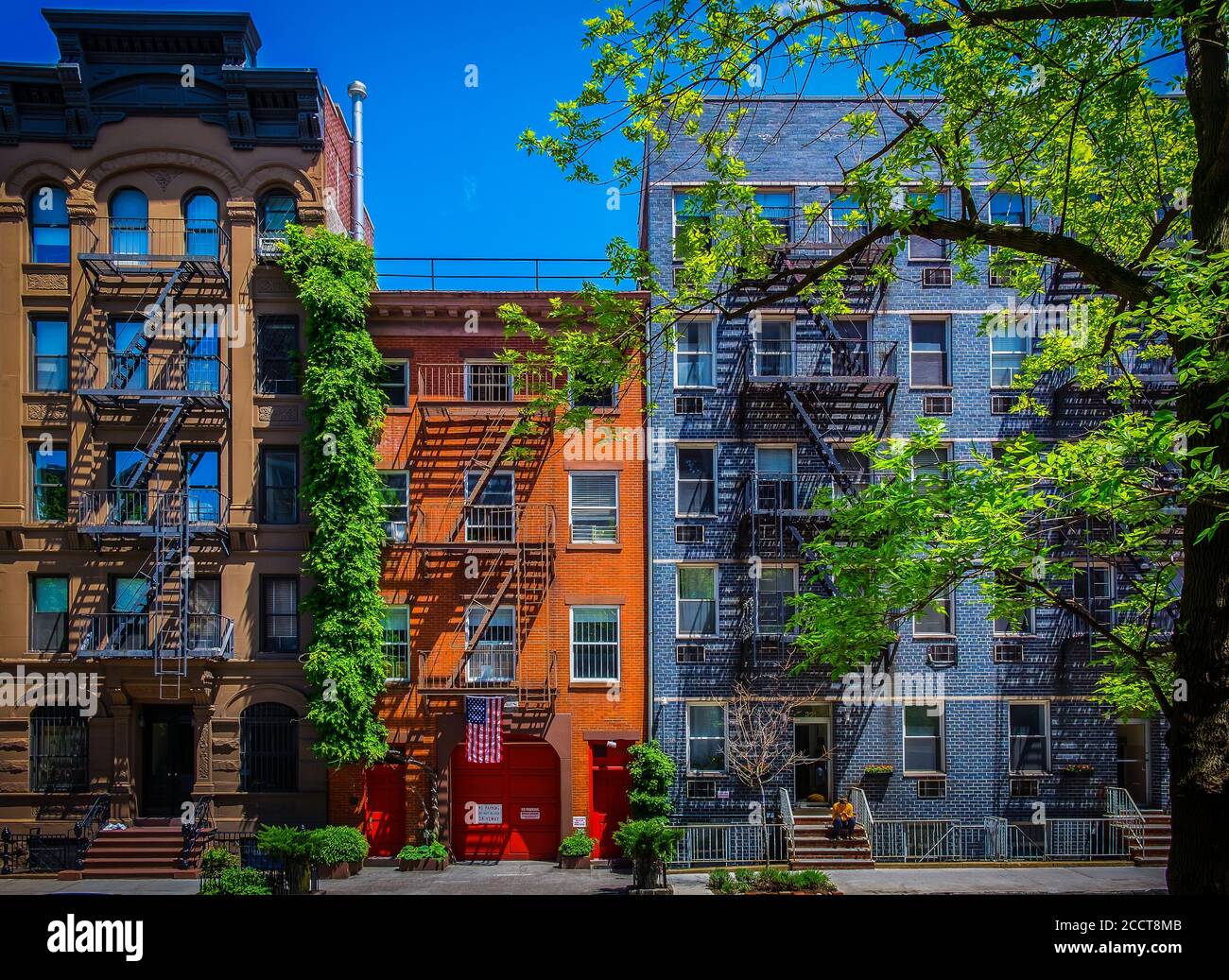 New York City, USA, May 2019, view of the Chelsea fire house between ...