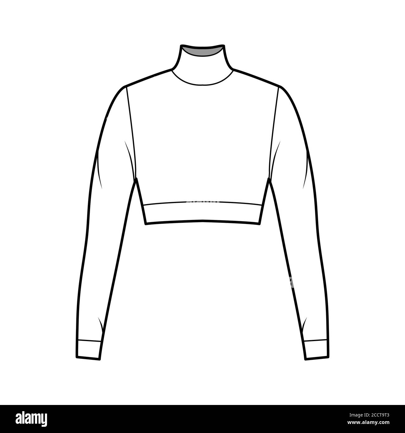 Cropped turtleneck jersey sweater technical fashion illustration with long sleeves, close-fitting shape. Flat outwear jumper apparel template front white color. Women men unisex shirt top CAD mockup Stock Vector