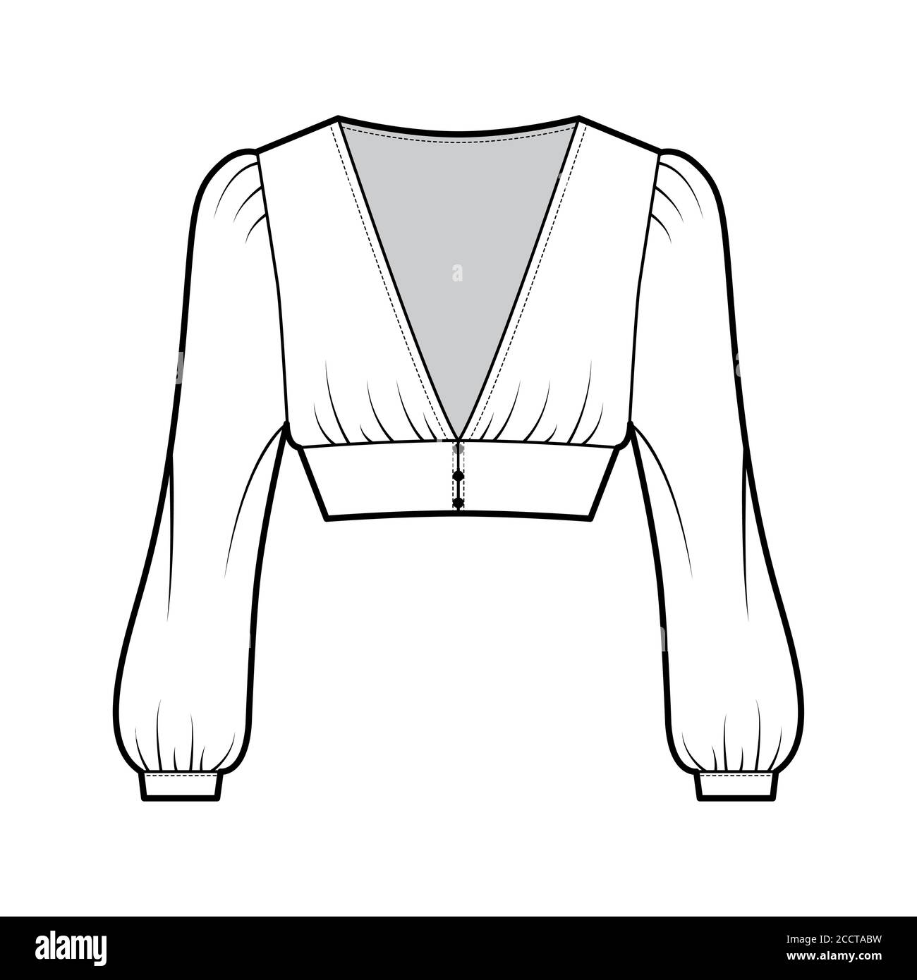 Cropped top technical fashion illustration with long bishop sleeves, puffed shoulders, front button fastenings. Flat apparel shirt template front white color. Women men, unisex blouse CAD mockup Stock Vector