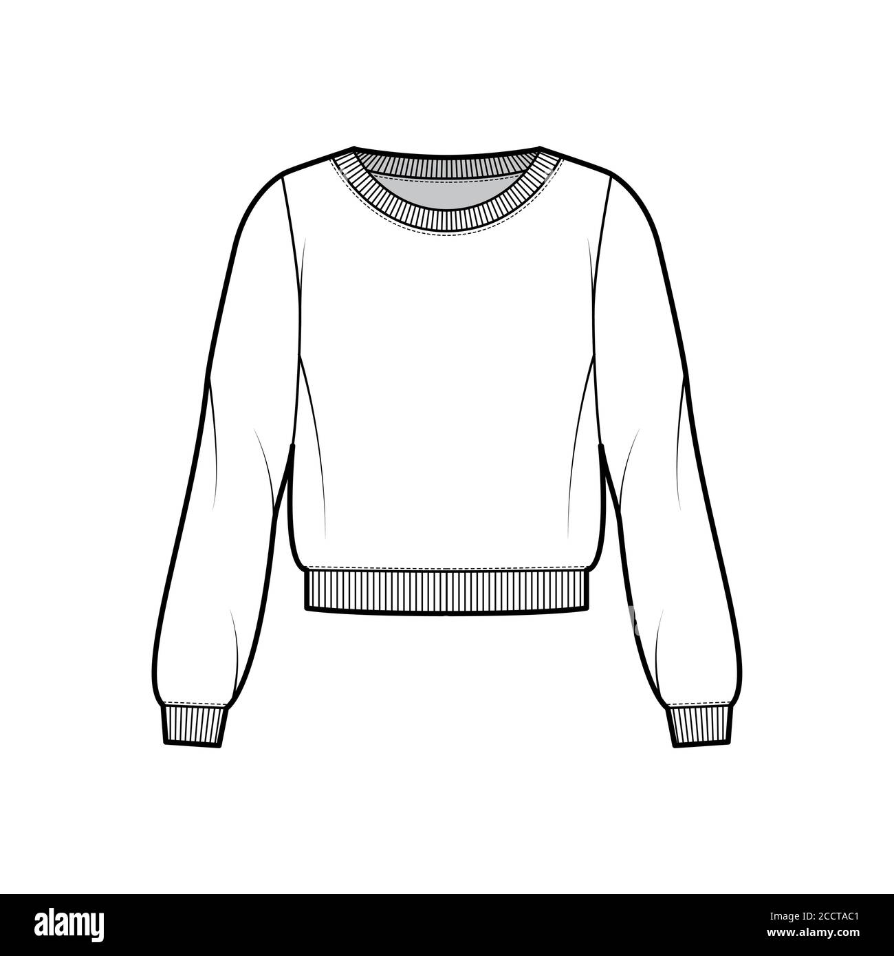 Cotton-terry sweatshirt technical fashion illustration with relaxed fit, scoop neckline, long sleeves, ribbed trims. Flat outwear jumper apparel template front white color. Women, men unisex top CAD Stock Vector