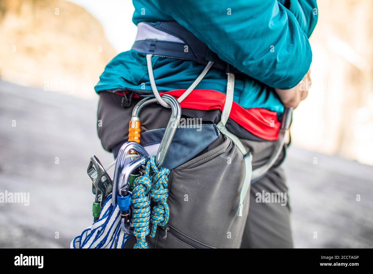 Detail view of climbing harness and climbing tools and rack Stock Photo