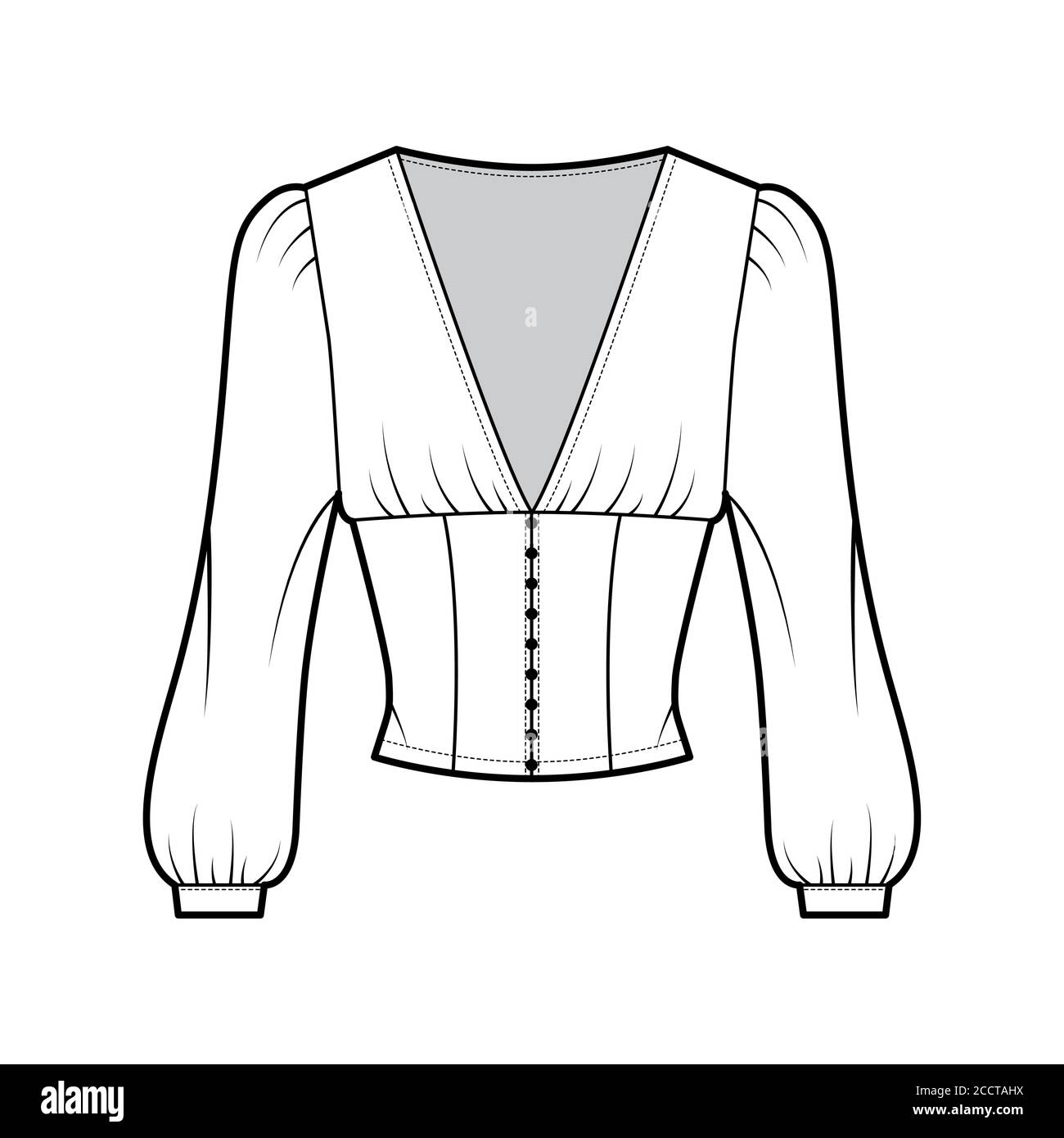 Cropped top technical fashion illustration with long bishop sleeves, puffed shoulders, front button fastenings. Flat apparel shirt template front white color. Women men, unisex blouse CAD mockup Stock Vector