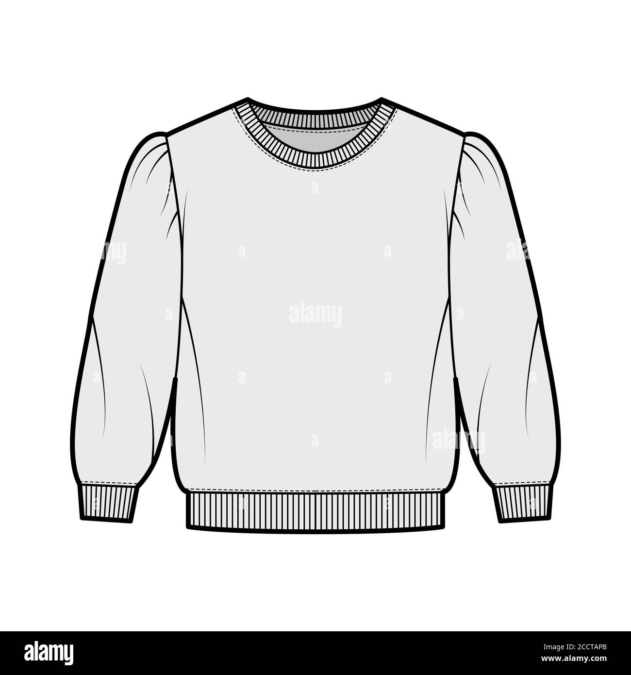 Cropped cotton-terry sweatshirt technical fashion illustration with puffed shoulders, elbow sleeves, ribbed trims. Flat outwear jumper apparel template front grey color. Women, men unisex top CAD Stock Vector