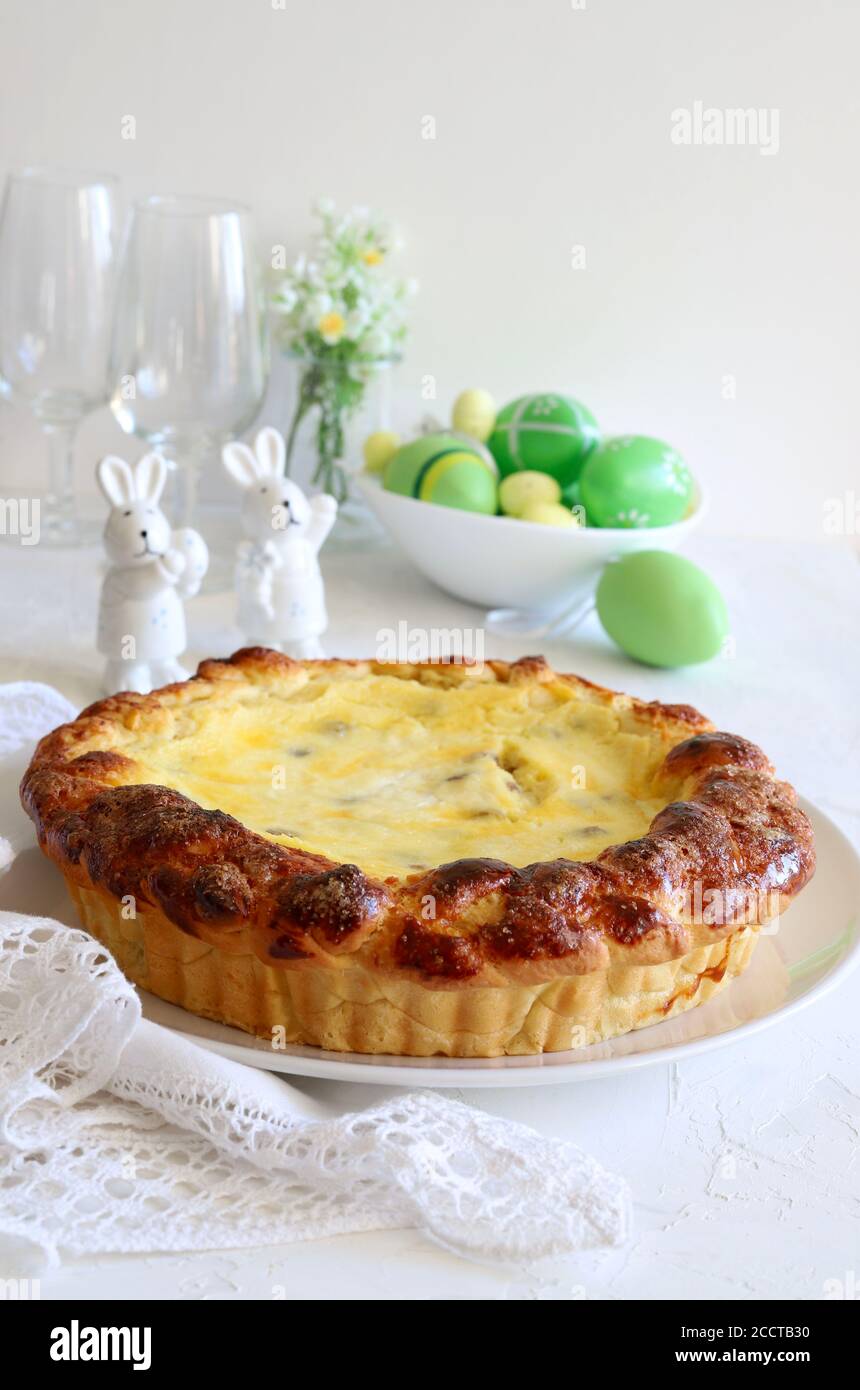 Traditional romanian Easter cake with cheese - Pasca. Easter decorations. Closeup. Selective focus. Stock Photo