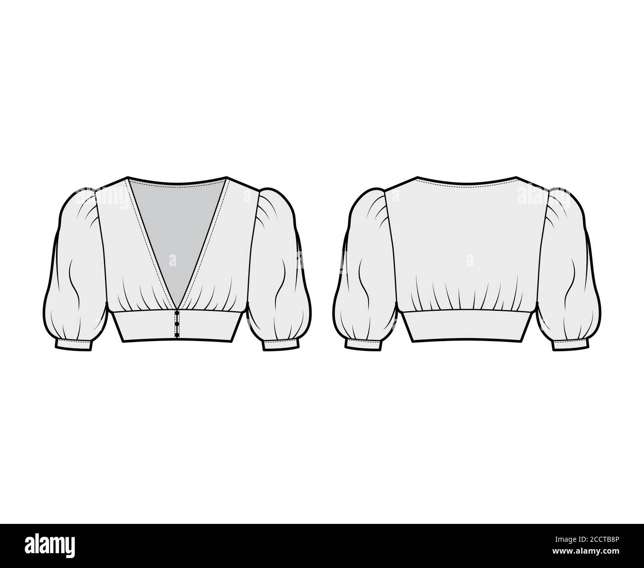 Cropped top technical fashion illustration with short sleeves, puffed shoulders, front button fastenings, fitted body. Flat apparel shirt template front back, grey color. Women men, unisex blouse CAD Stock Vector