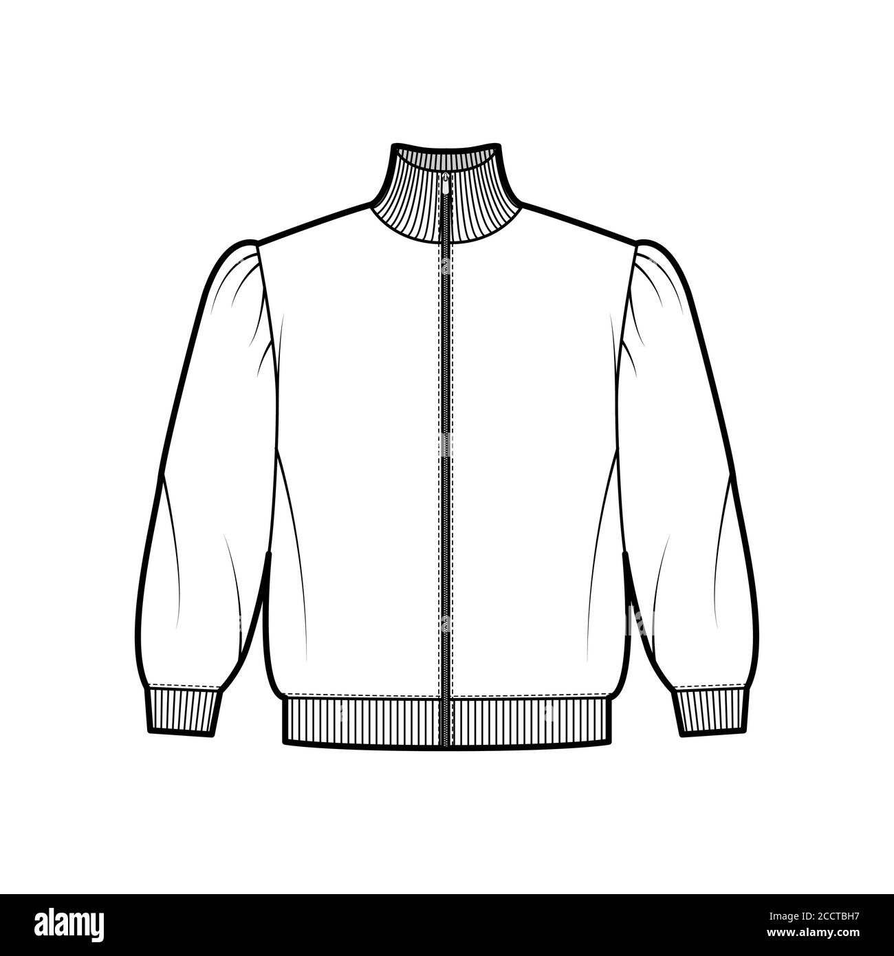 Zip-up turtleneck cropped cotton-terry sweatshirt technical fashion illustration with puffed shoulders, elbow sleeves. Flat outwear jumper apparel template front white color. Women, men unisex top CAD Stock Vector