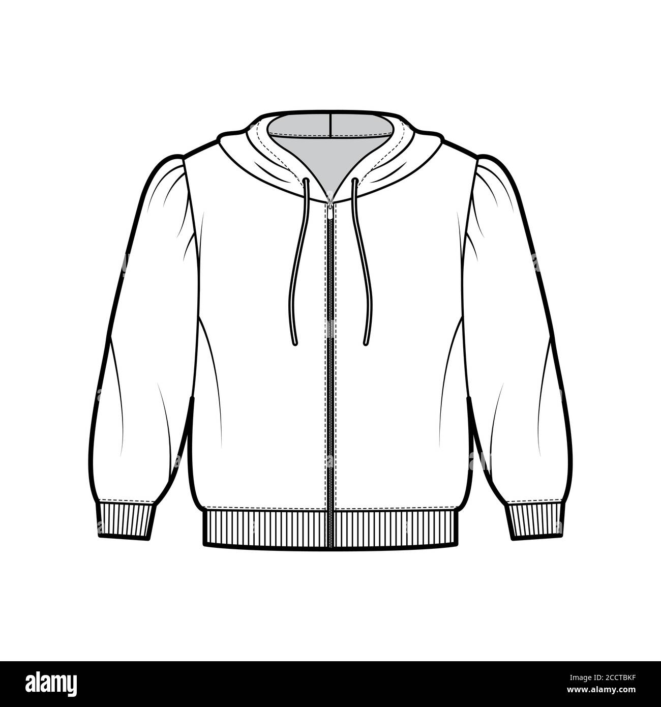 Zip-up cropped cotton-jersey hoodie technical fashion illustration with puffed shoulders, elbow sleeves, ribbed trims. Flat jumper apparel template front white color. Women men unisex sweatshirt top Stock Vector