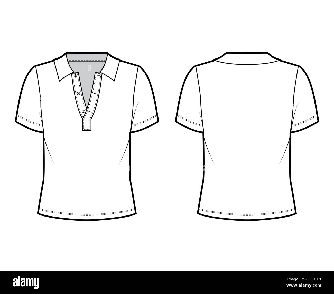 Polo shirt technical fashion illustration with cotton-jersey short sleeves,  oversized, buttons along the front. Flat outwear apparel template front,  back, white color. Women men unisex top mockup Stock Vector Image & Art -