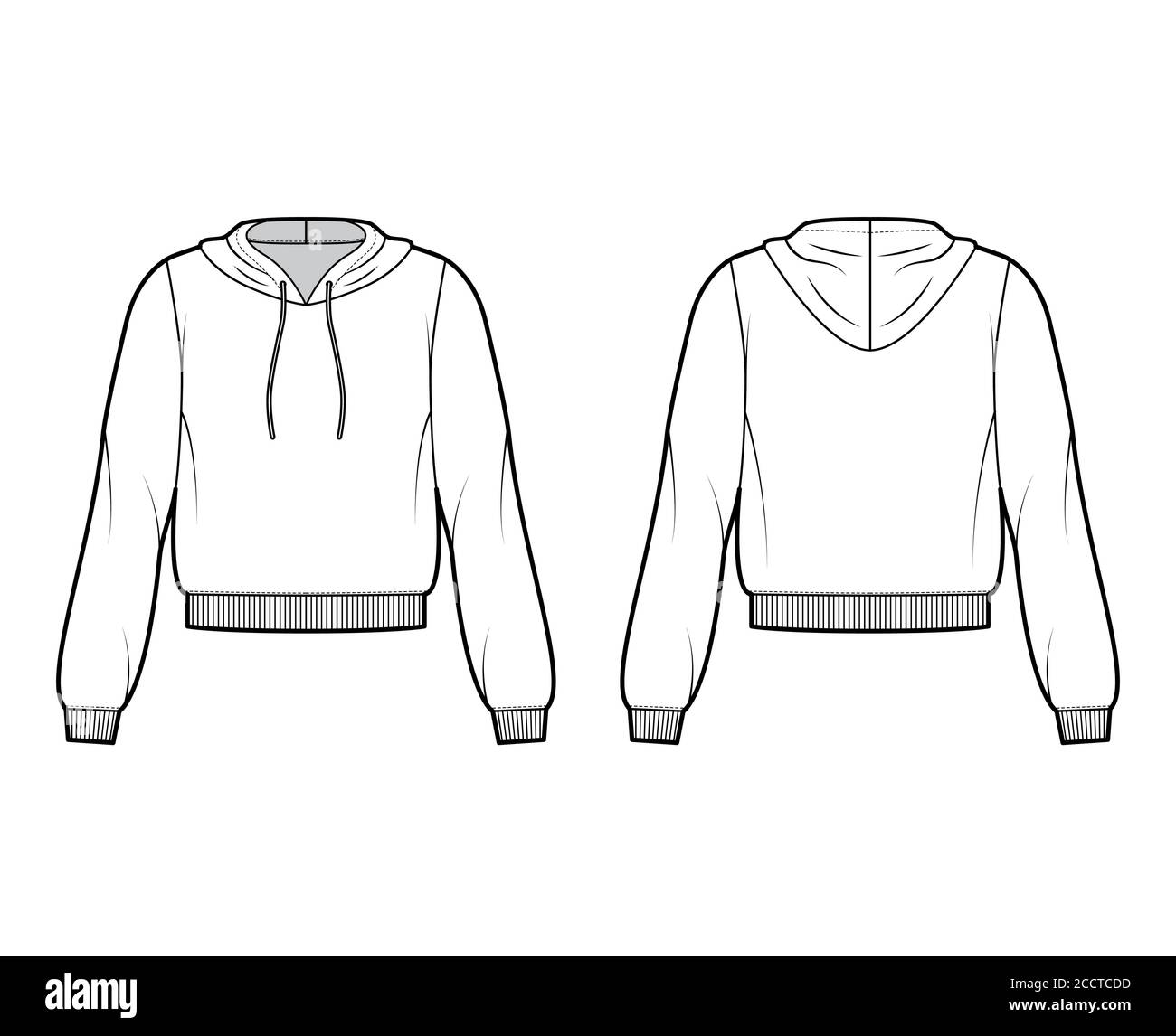 Cotton fleece hoodie technical fashion illustration with relaxed fit long sleeves ribbed trims. Flat jumper apparel template front back white color. Women men unisex sweatshirt top CAD mockup Stock Ve...