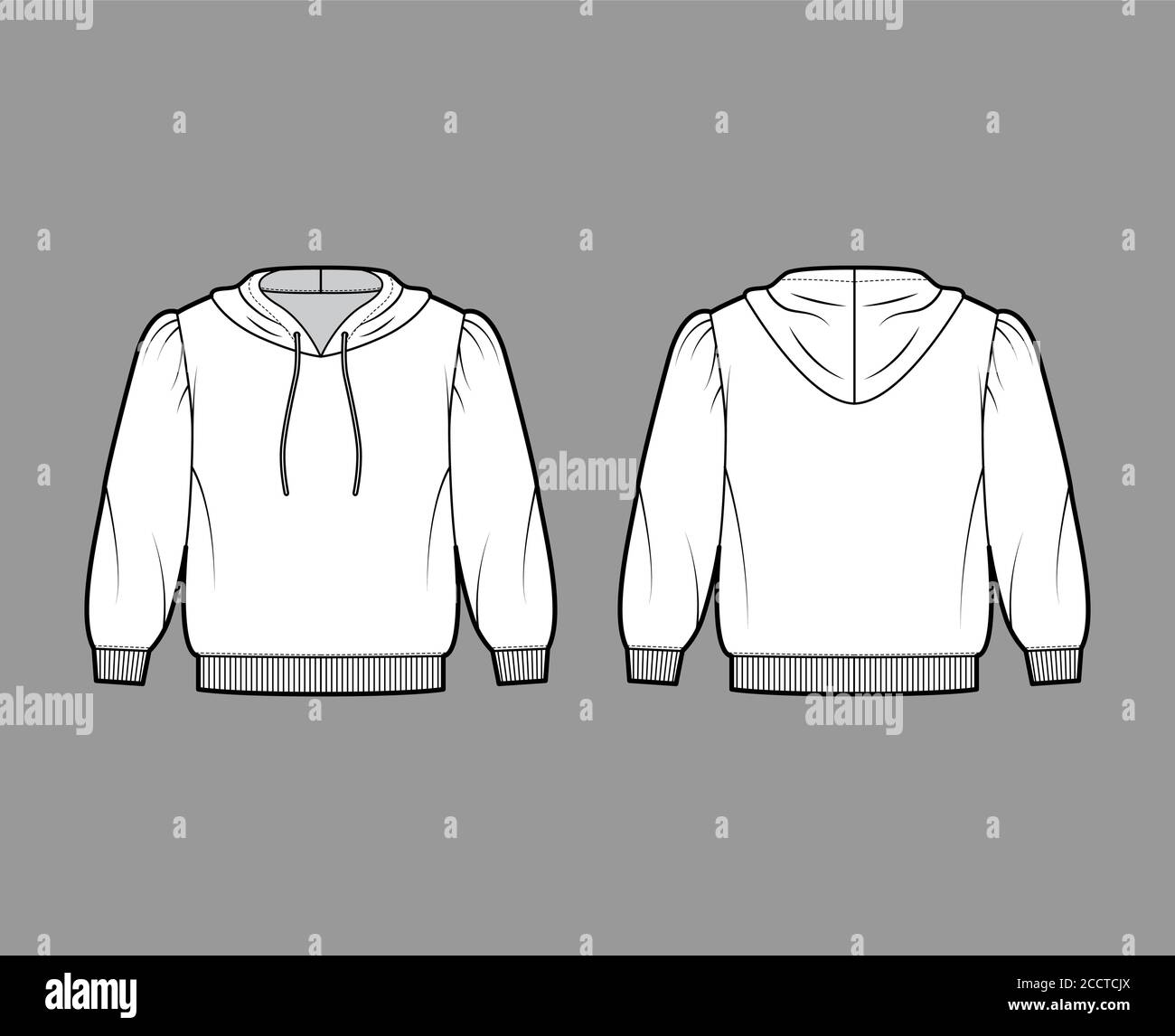 Cropped cotton-jersey hoodie technical fashion illustration with loose fit, puffed shoulders, elbow sleeves, ribbed trims. Flat jumper template front back white color. Women men unisex sweatshirt top Stock Vector
