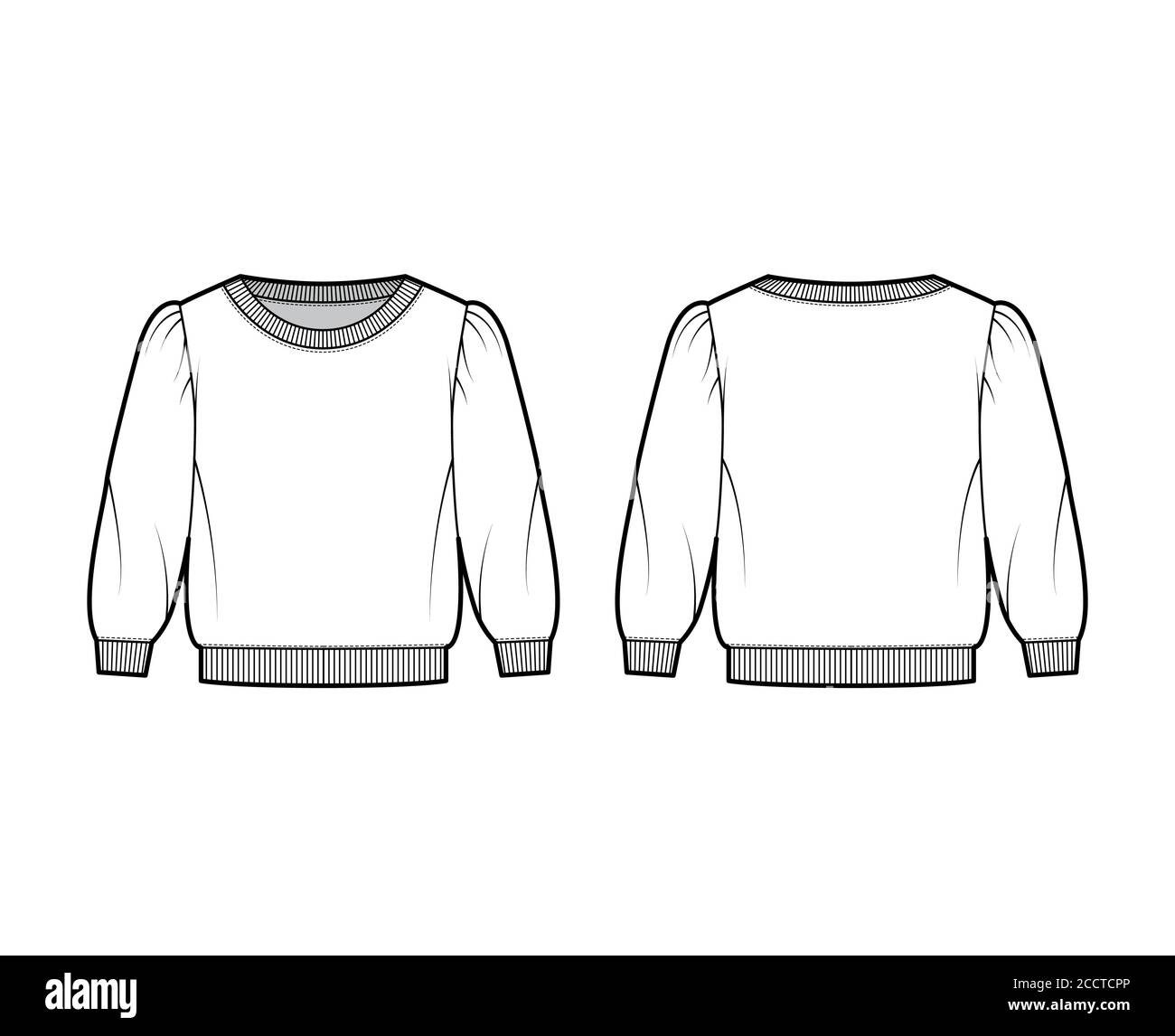 Cropped cotton-terry sweatshirt technical fashion illustration with scoop neckline, puffed shoulders, elbow sleeves. Flat jumper apparel template front back white color. Women, men unisex top CAD Stock Vector