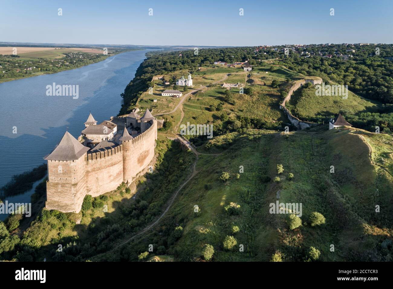 Aerial view of medieval Khotyn fortress on a Dniestr river, Chernivtsi region, Ukraine. Travel destinations in Ukraine Stock Photo