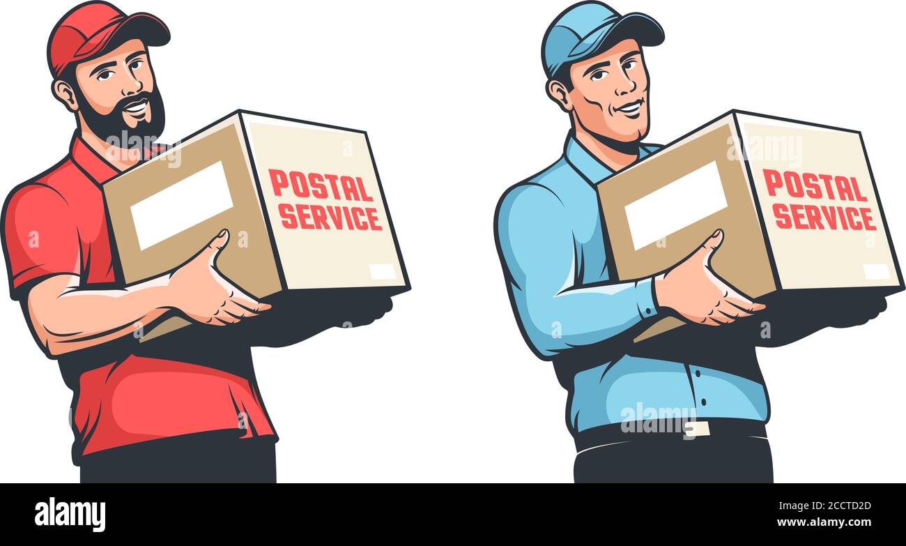Delivery man, courier in cap with box in hand. Stock Vector