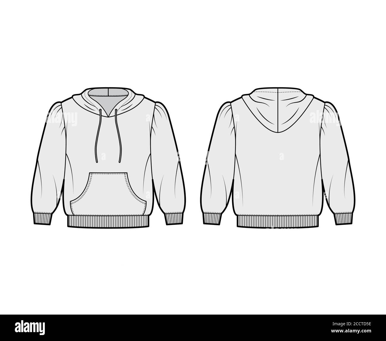 Cropped cotton-jersey hoodie technical fashion illustration with loose fit, puffed shoulders, elbow sleeves, front pocket. Flat jumper template front back grey color. Women men unisex sweatshirt top Stock Vector