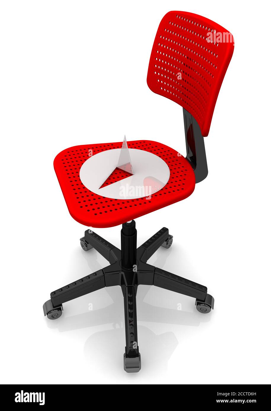 Thumbtack lying on an office chair. One large and sharp thumbtack lying on an office chair. 3D illustration Stock Photo