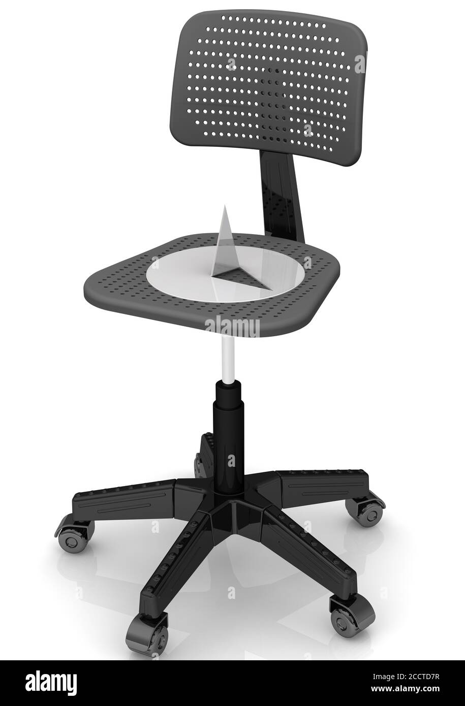 Thumbtack lying on an office chair. A large and sharp thumbtack lying on an office chair. 3D illustration Stock Photo