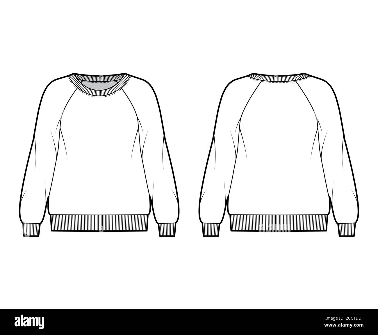 Oversized cotton-terry sweatshirt technical fashion illustration with scoop neckline, long raglan sleeves, ribbed trims. Flat jumper apparel template front back white color. Women, men unisex top CAD Stock Vector