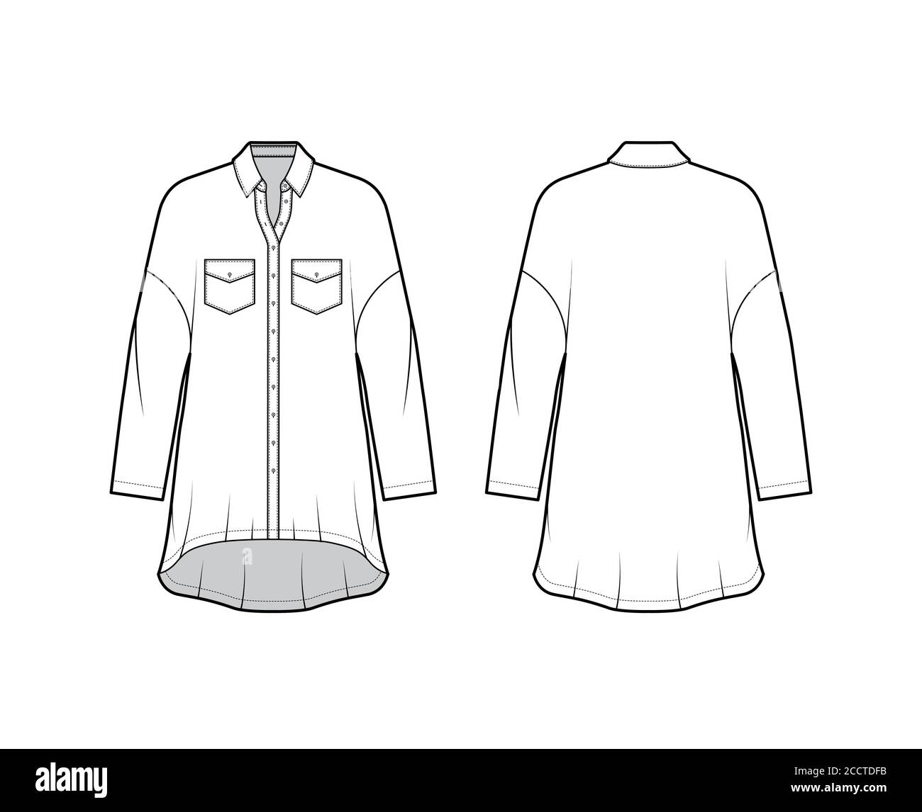 Oversized shirt dress technical fashion illustration with angled ...
