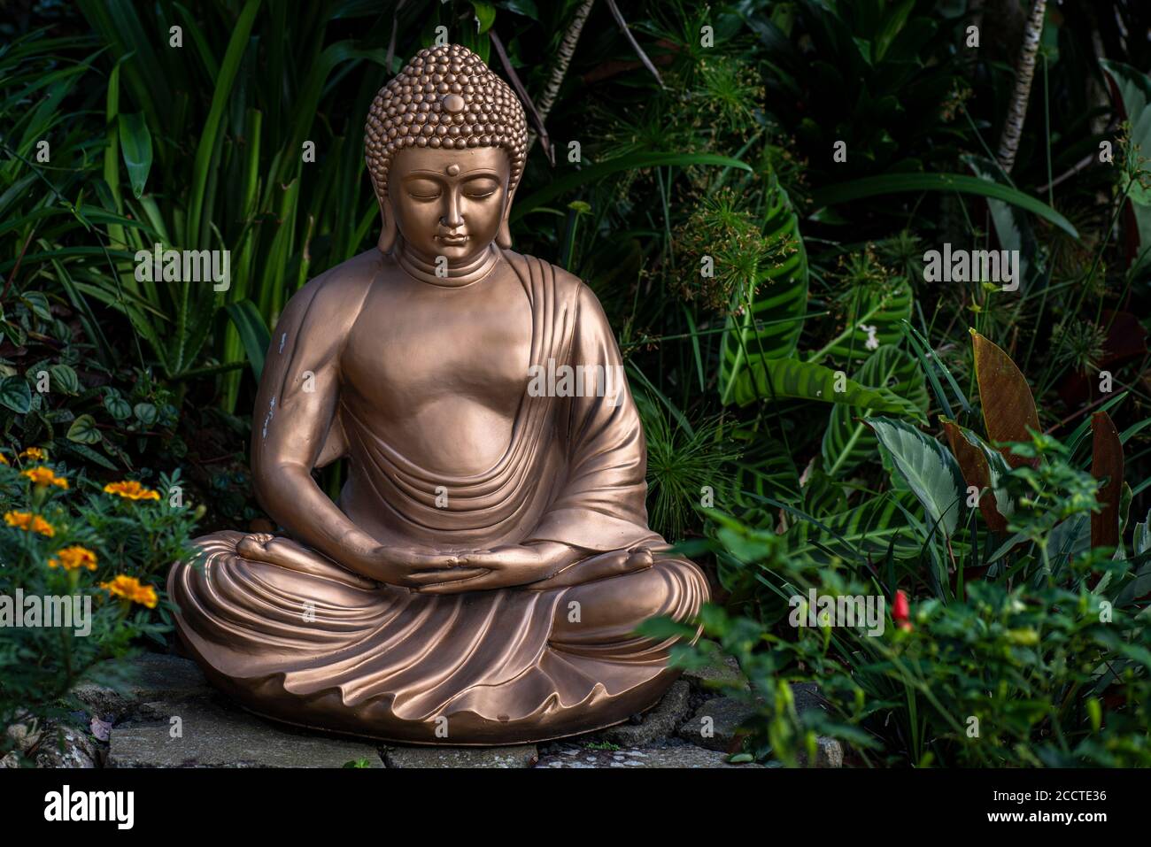 Golden Buddha in a green garden Stock Photo