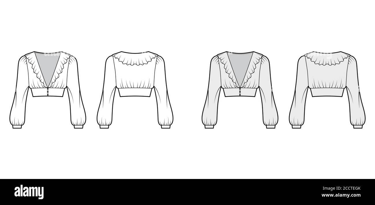 Ruffled cropped blouse technical fashion illustration with long bishop sleeves, puffed shoulders, front button fastenings. Flat top template front, back white grey color. Women men unisex shirt CAD Stock Vector