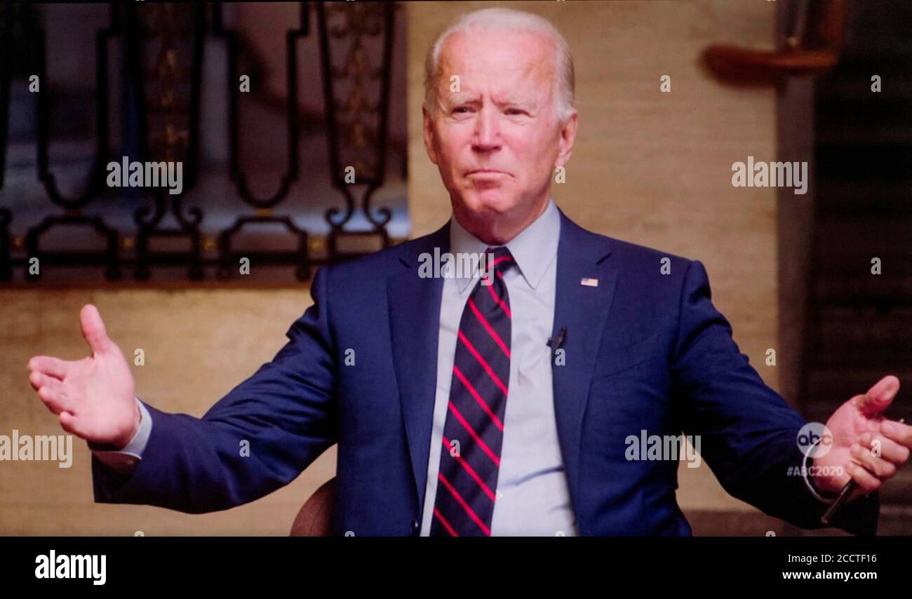 Wilmington, Delaware, USA. 23rd Aug, 2020. The general election Democratic ticket of Vice President JOE BIDEN and Senator Kamala Harris (D-CA) are seen in a screen grab of their first sit-down interview conducted by David Muir on ABC News 'World News Tonight.' Credit: ABC News/ZUMA Wire/Alamy Live News Stock Photo