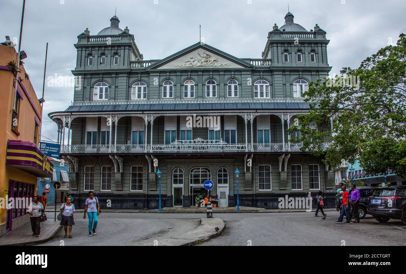 The Barbados Mutual Life Assurance Society building was built in 1895 in the late Victorian style.  It currently serves as a bank in Bridgetown, Barba Stock Photo