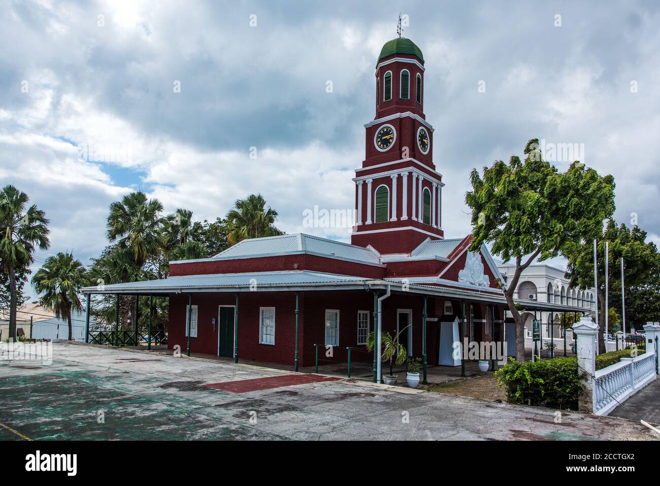 The Main Guard, Barbados Garrison, with it's red clock tower, is now headquarters of the Barbados Legion.  Bridgetown, Barbados.  UNESCO World Heritag Stock Photo
