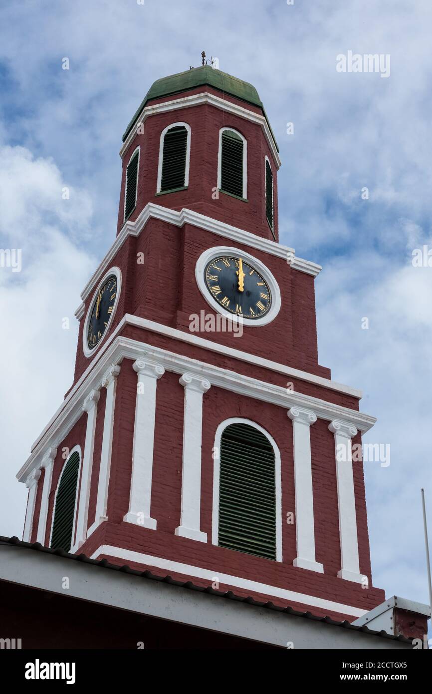 The red clock tower of the Main Guard, Barbados Garrison, now headquarters of the Barbados Legion.  Bridgetown, Barbados.  UNESCO World Heritage Site. Stock Photo