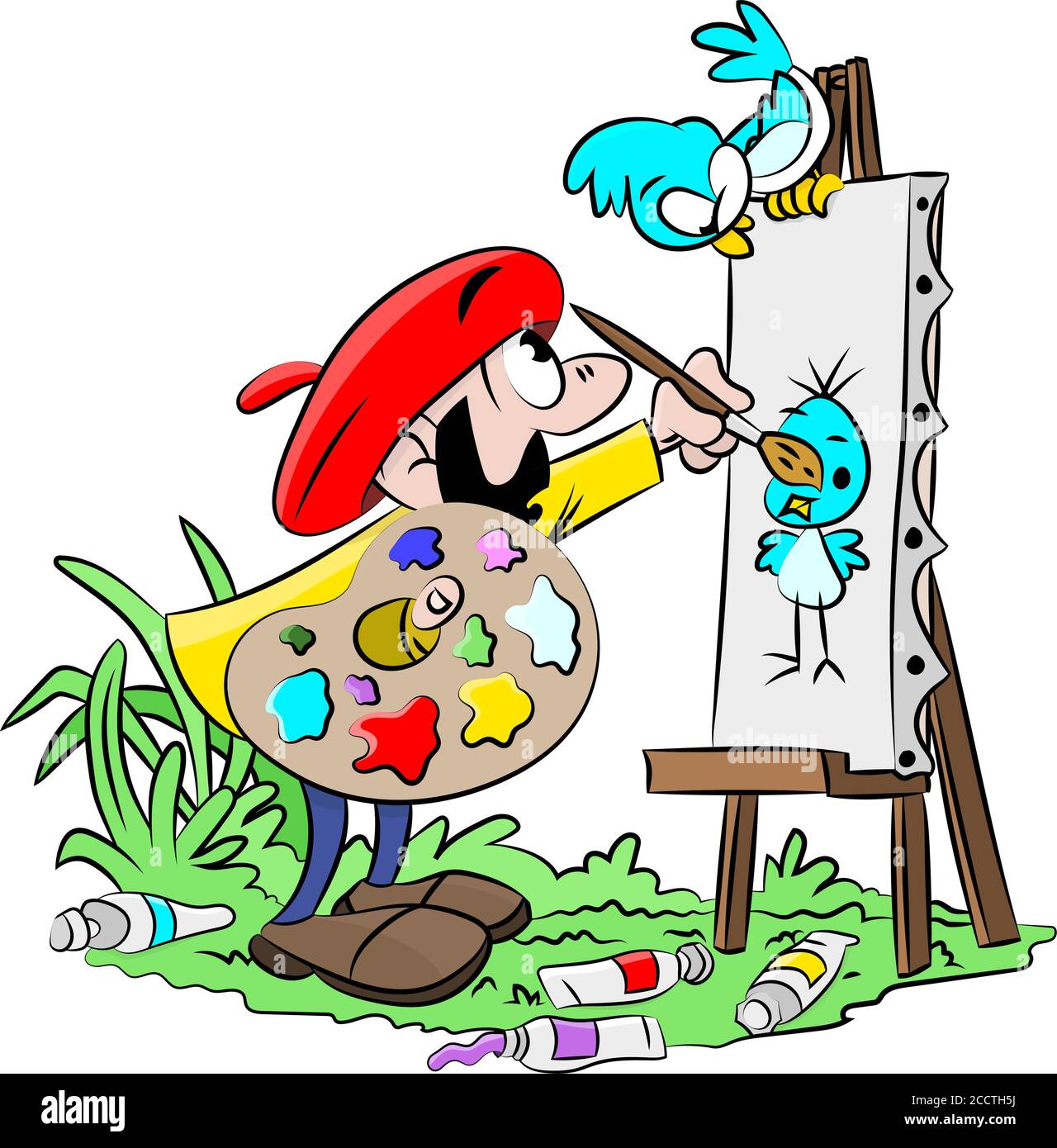 Cartoon artist working on a canvas painting a picture of his blue bird friend vector illustration Stock Vector