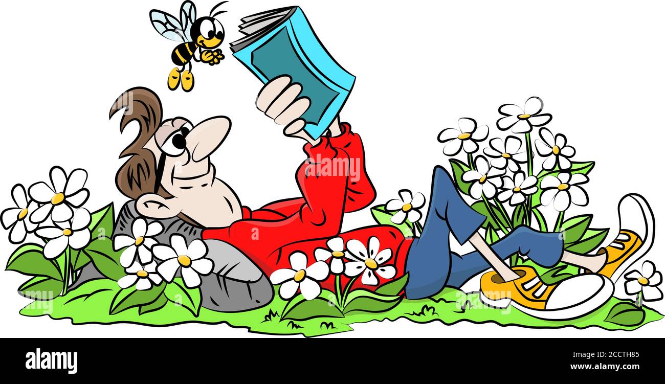 Cartoon man lying on grass reading a book vector illustration Stock Vector