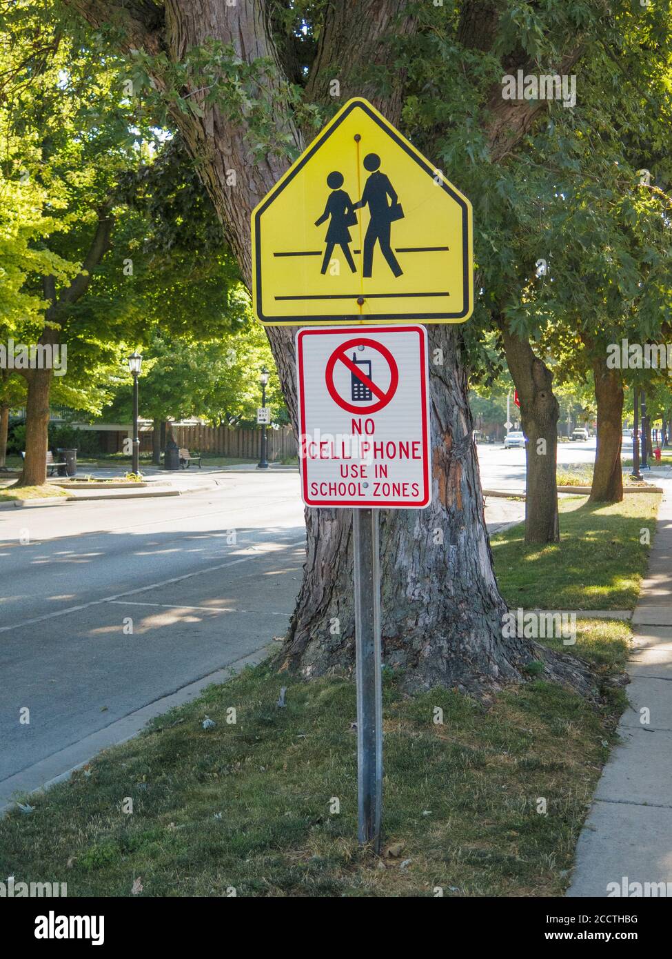 School crossing and no cell pone use in school zone road signs. Forest Park, Illinois. Stock Photo