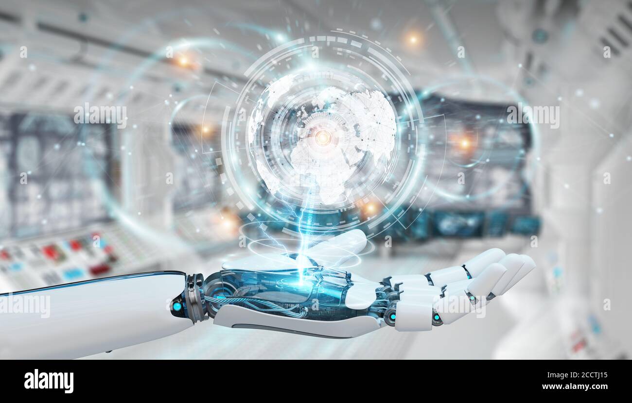White cyborg hand on blurred background using digital datas interface 3D rendering Stock Photo
