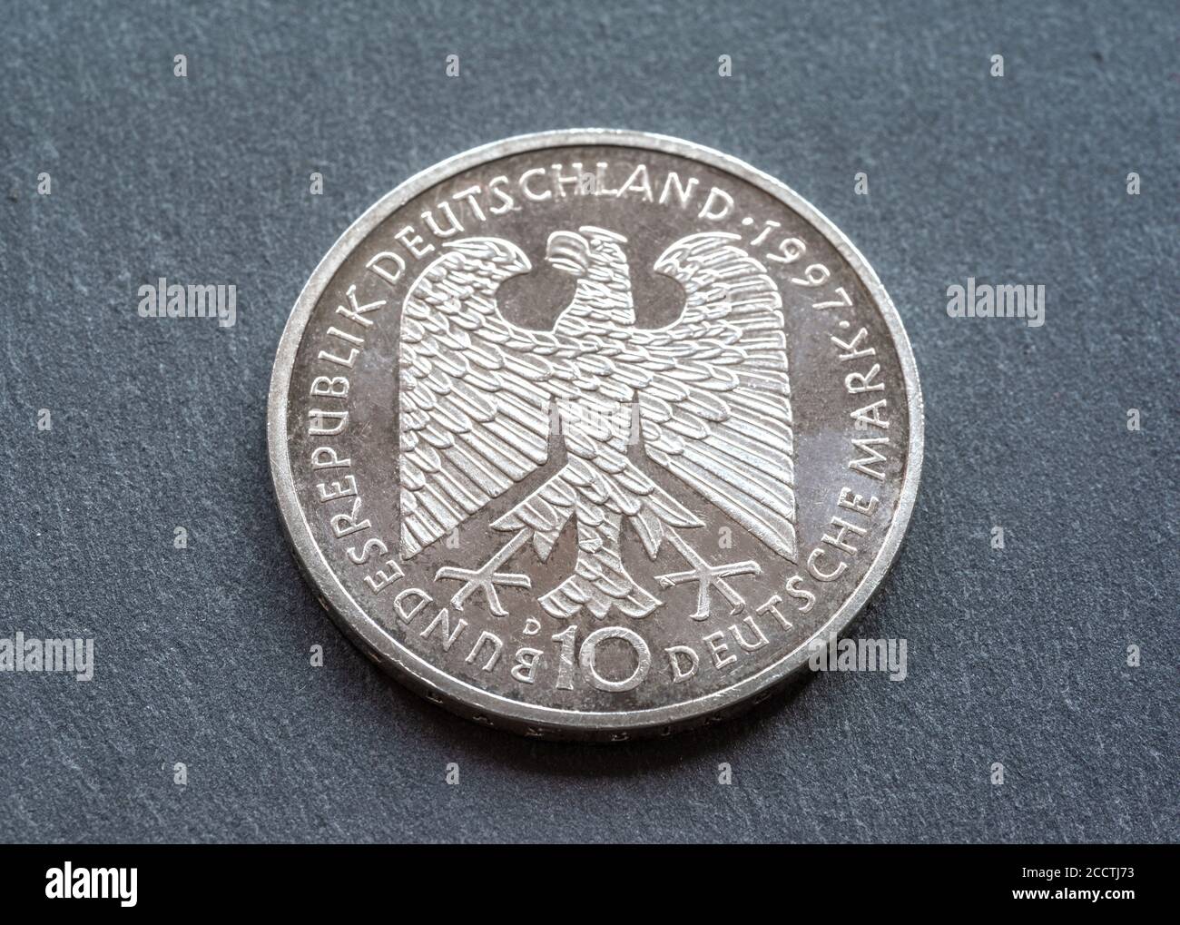 German Germany circulated silver memorial Heinrich Heine 10 DM discontinued Deutsche Mark coin dated 1997 slightly soiled Stock Photo