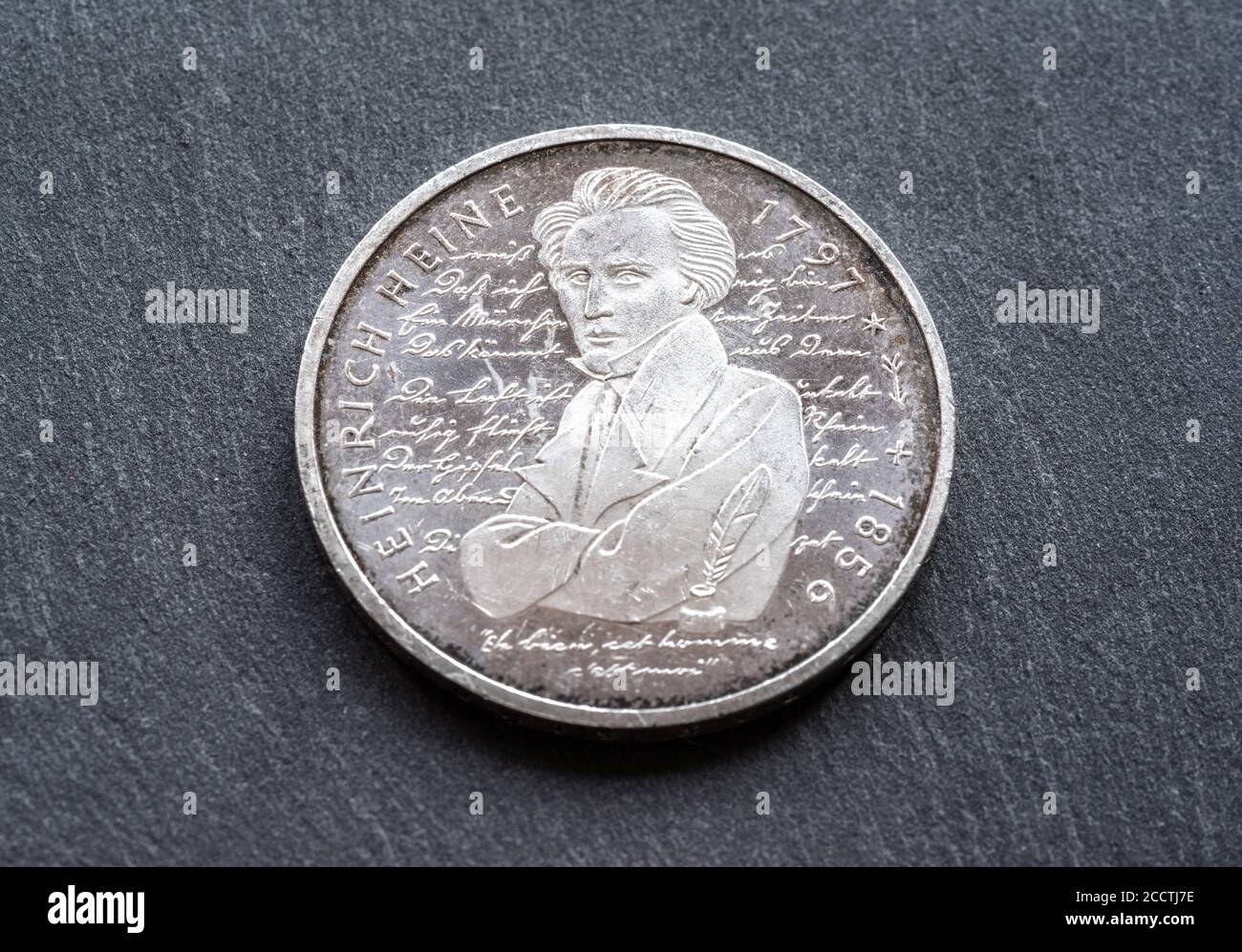 German Germany circulated silver memorial Heinrich Heine 10 DM discontinued Deutsche Mark coin dated 1997 slightly soiled Stock Photo