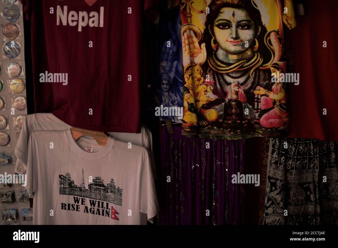 T-shirts for sale at a street side shop in Thamel area, Kathmandu, Nepal. Stock Photo